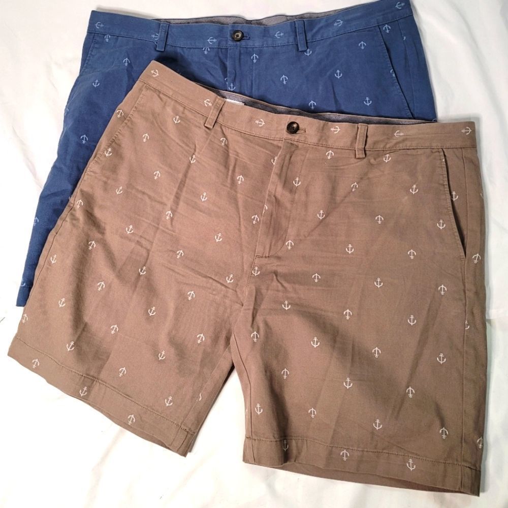 AMAZON Essentials Mens Brown Blue Anchor Design Shorts Bundle of 2